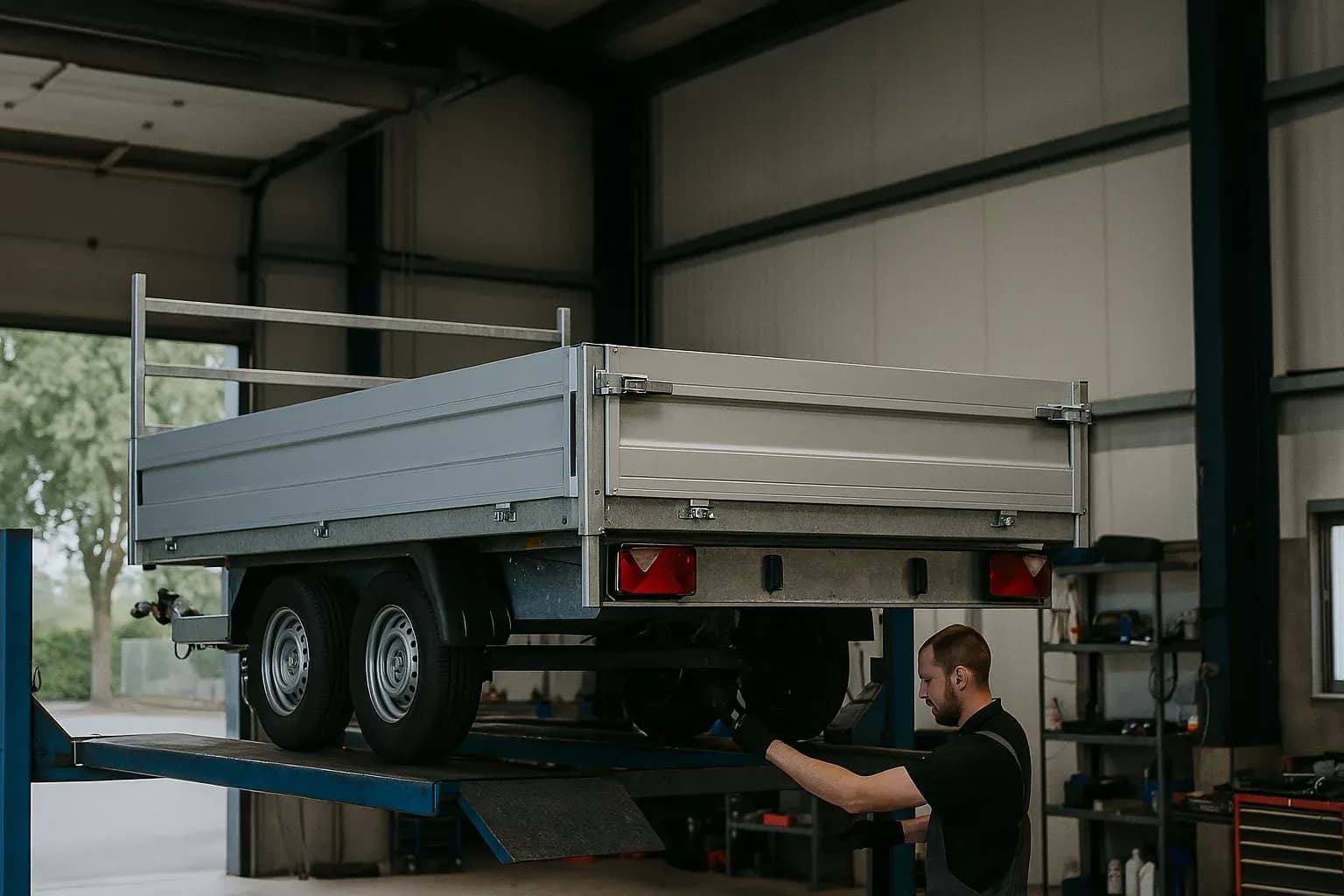 Technicien de l'atelier Cargo Trailer sous une remorque plateau double essieu sur le pont